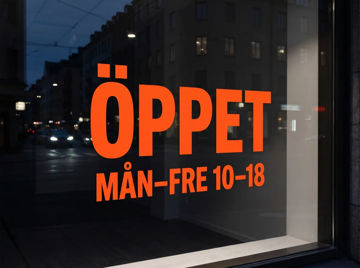 Orange skuren vinyldekal på en butiksruta.