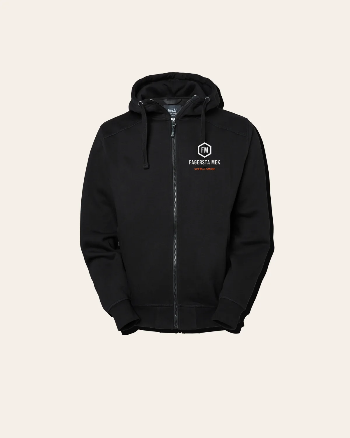 Svart zip-hoodie med tryckt logotyp i vitt och orange på vänster bröst.
