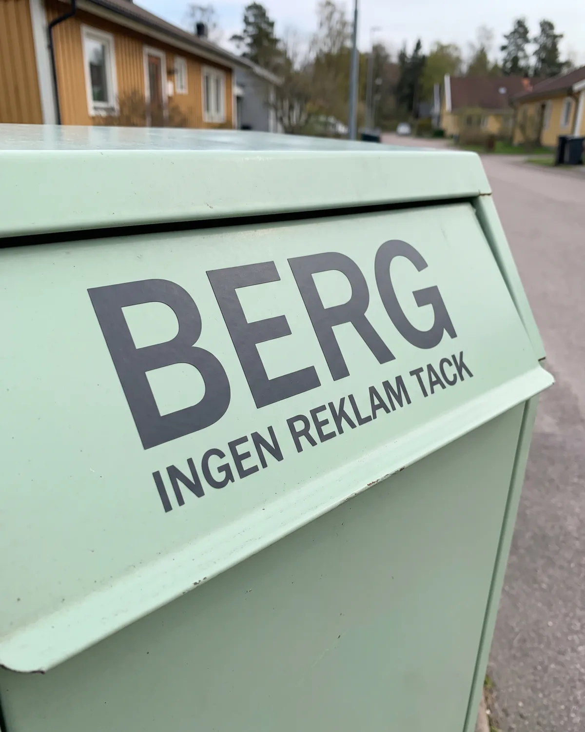Ljusgrön brevlåda med efternamn och texten Ingen reklam tack i skuren vinyl.