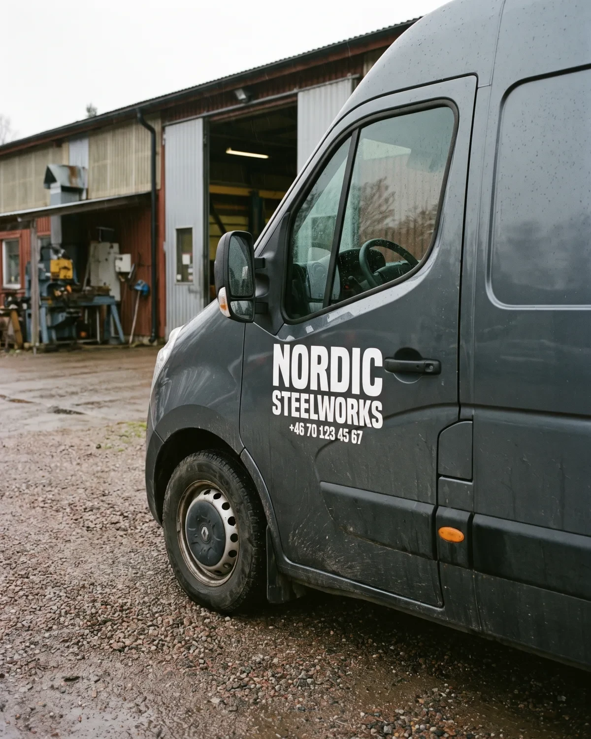 Vit skuren vinyltext med företagsnamn och telefonnummer på en mörk skåpbil.